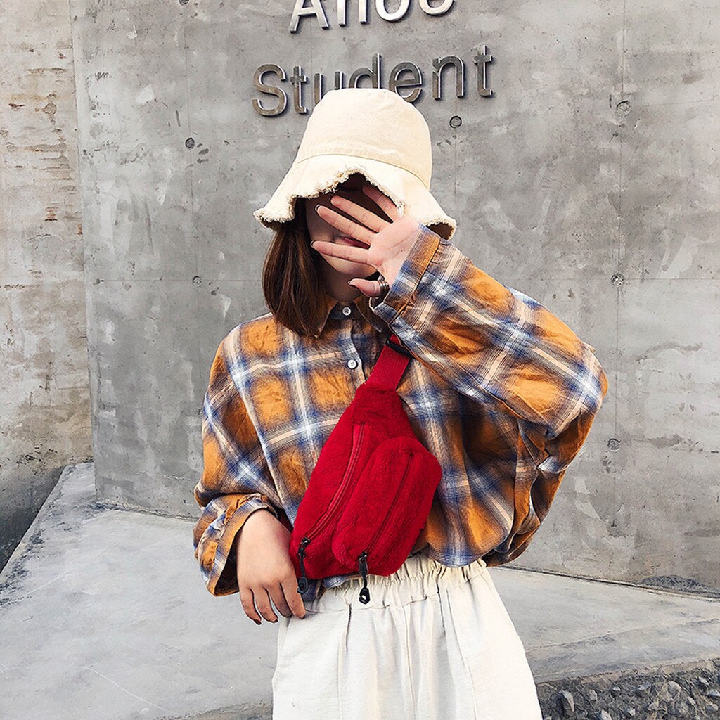 Frauen Sport Doppel-reißverschluss Plüsch Taille Tasche Brust Tasche Schulter Tasche Bote Schulter Brust Pochete Homem