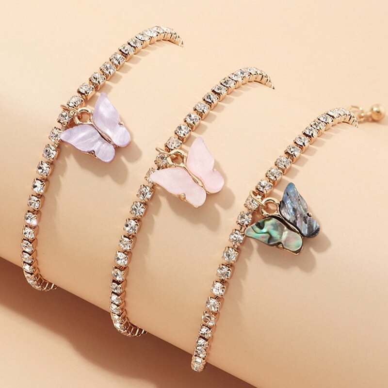 3 teile/satz Schmetterling Tennis Fußkettchen Strass Schmuck Für Frauen Kristall Schmetterling Anhänger Fußkettchen Strand Fuß Kette Armbinde