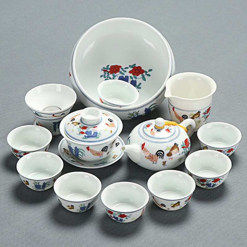 Komplette einstellen von Keramik Kung Fu Tee-einstellen blau und weiß porzellan huhn zylinder tasse weißen porzellan abdeckung schüssel teekanne Tee tassen