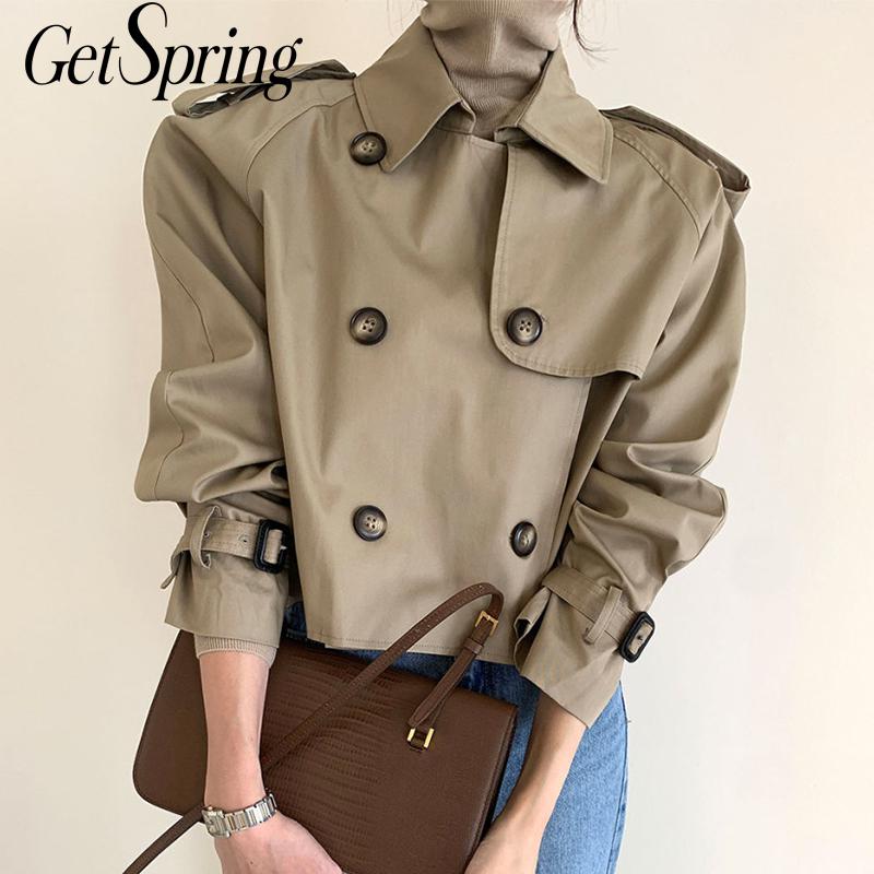 GetSpring Frauen Graben Mantel retro khaki Frauen Windjacke Zweireiher Kurzen Frauen Mäntel verlieren Beiläufige Graben Herbst Neue
