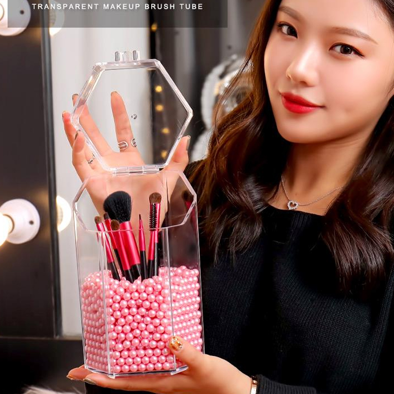 HUNYOO Acryl Klar machen-hoch Pinsel Lagerung Kunststoff machen-hoch Veranstalter Kosmetische Werkzeug Halfter Mit Abdeckung Kosmetik Pinsel Lagerung Kasten
