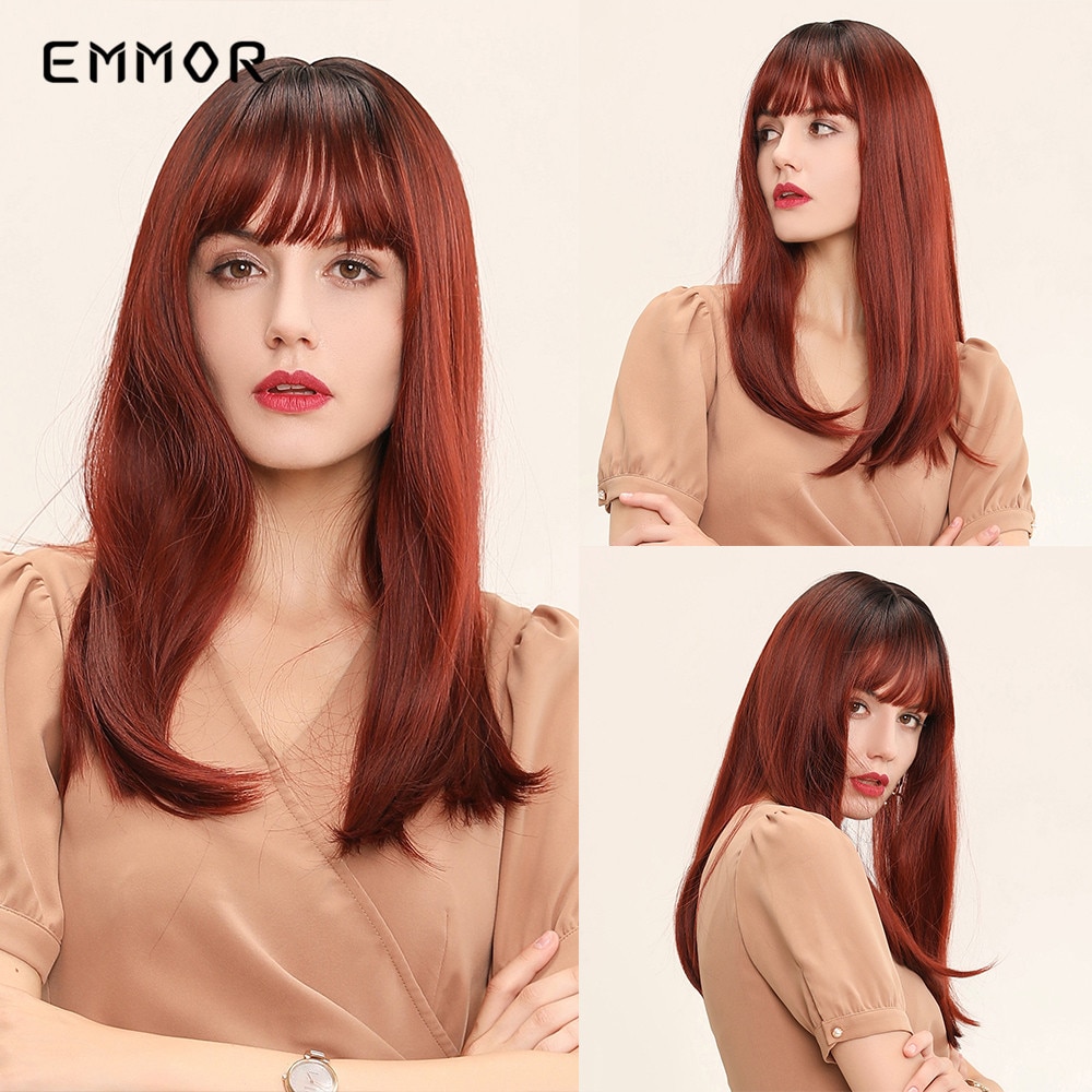 EMMOR Synthetische Gerade Haar Perücke mit Natürlichen Knall Hohe temperatur Faser Wein verrotten Ombre Braun Perücken für Frauen
