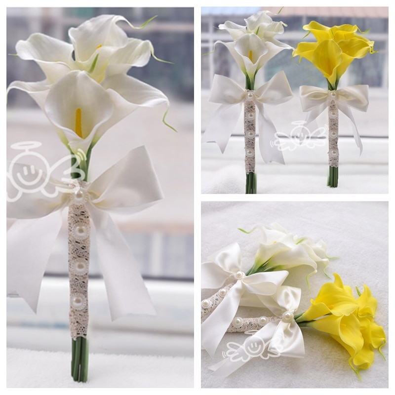 6 stücke Calla Lilie Blumen Braut Hochzeit Blumensträuße Formale Brautjungfer Garten Kirche Strand Hochzeit Weiß Gelb Spitze