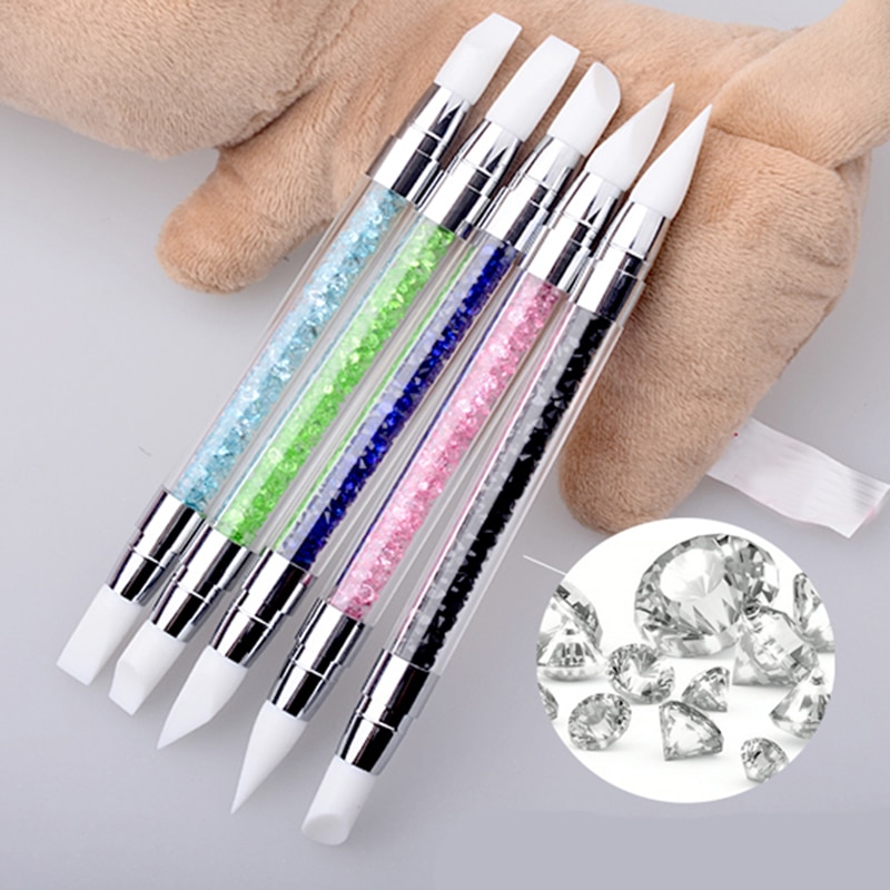 1Stck Strass Nagel Kunst Malerei Pinsel Dual Spitze Pinsel Silikon Kopf Nagel Pinsel DIY Bleistift Acryl Quarz Griff