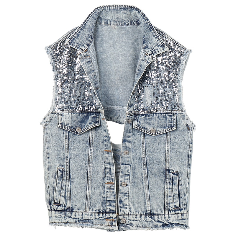 herbst Licht Blau Weste Frauen Pailletten Drehen Unten Kragen Denim Weste Harajuku BF Frühjahr Jeans Schüler verlieren Weste