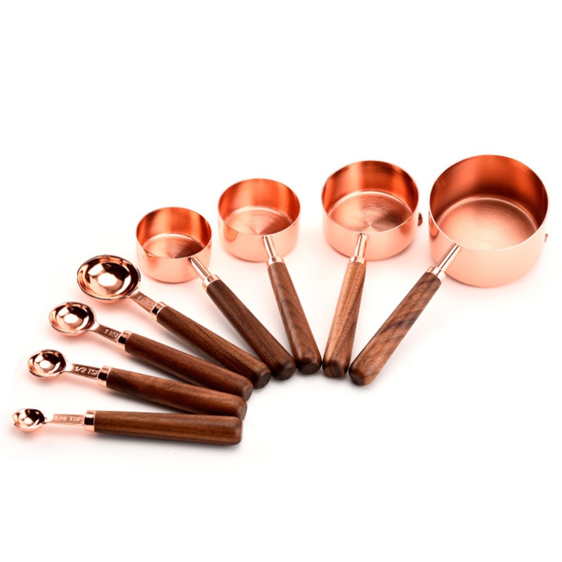 Nussbaum Holz Griff Kupfer Überzogene Messbecher Messlöffel Kuchen Zucker Werkzeuge einstellen Haushalt Küche Esszimmer Bar Backen Werkzeuge