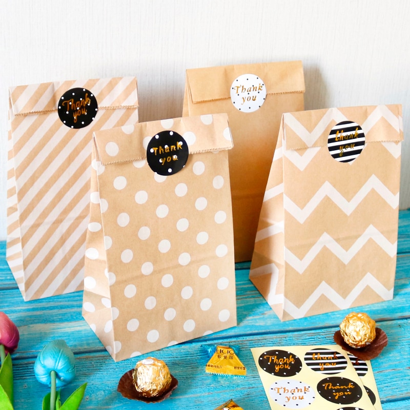 5setzt Jahrgang Kraft Papier Taschen Streifen Punkt Zickzack leer Taschen Cookie Tasche mit Danke Aufkleber Handwerk Schreibwaren umschläge