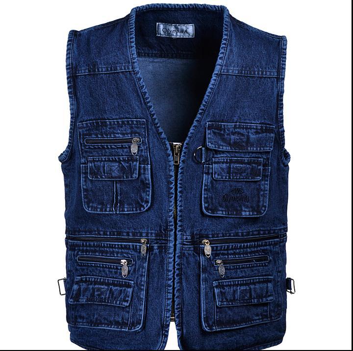Männlichen Denim Westen Männer 4XL 5XL Weste Herren Bekämpft Baumwolle Multi Tasche Sleevless Mäntel Jean Jacke Reißverschluss herren Jeans Panzer