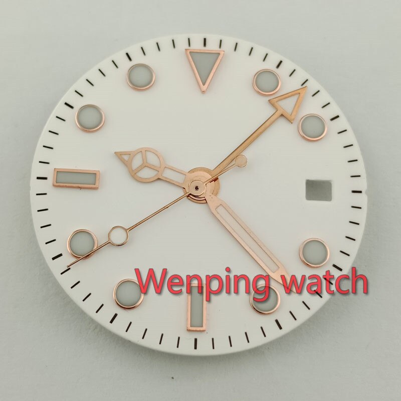 28,5 MM weiß steril Uhr gesicht + uhr hände goldene Rose Gmt Hand passen mingzhu dg3804 bewegung P510 (16)