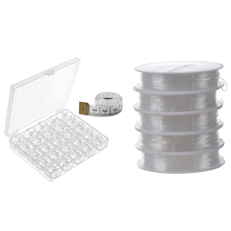 JEYL 5 x Spule Elastische Schmuck Garn Gummi Gewinde Garn 0,7mm transparent & 25 Stck Kunststoff Nähmaschine Spulen mit fallen