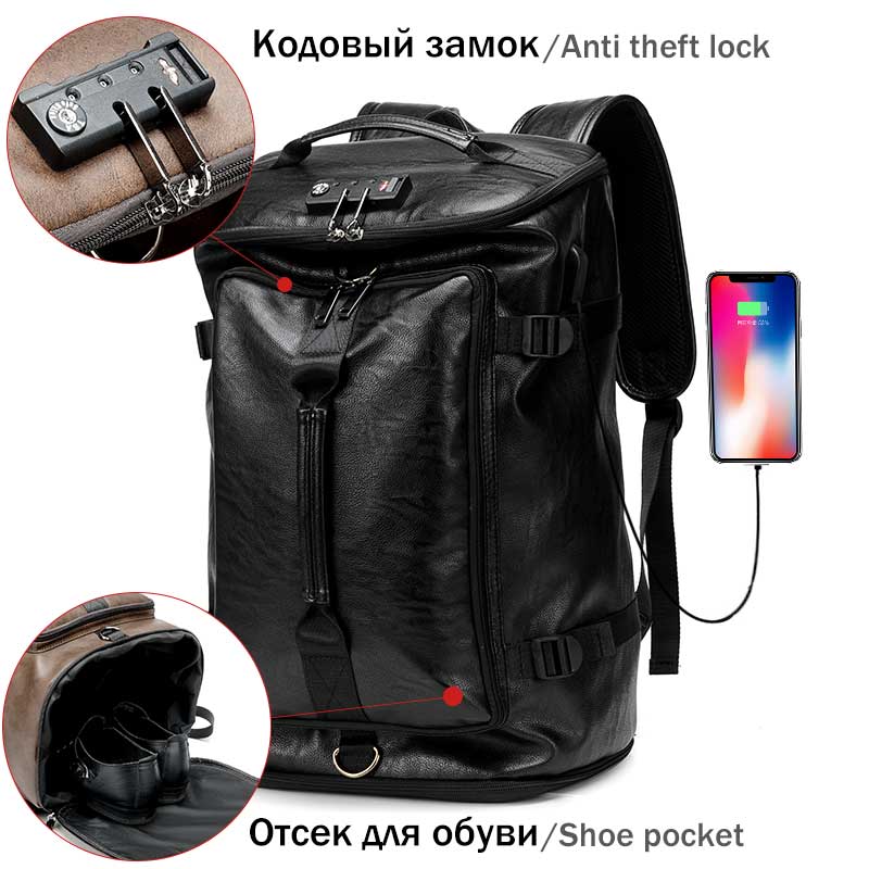 Anti Diebstahl Männer Rucksack mit Schuh Tasche Männlichen Laptop Rucksack PU Leder Schwarz Reise Rucksack Wasserdichte Reisetasche für Männer