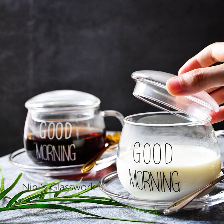 Kreative frühstück milch tasse wärme-beständig nettes büro kaffee glas tasse mit deckel mit markieren wasser tasse
