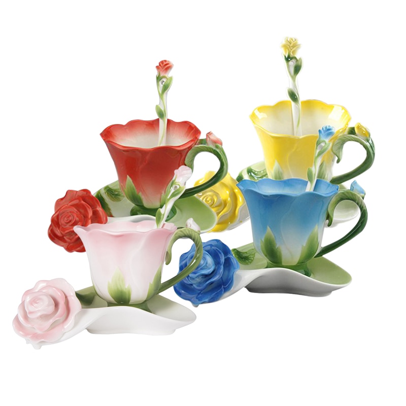 Beste 3D Rose bilden Blume Emaille Keramik Kaffee Tee Tasse und Untertasse Löffel Hohe-Klasse Porzellan Tasse Kreative Valentinstag