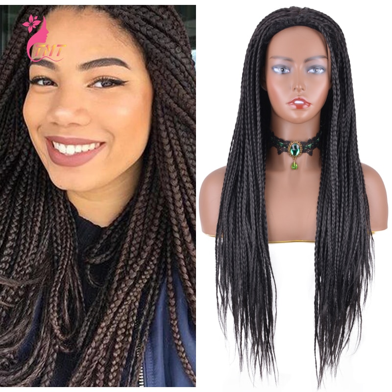 Synthetische Lange Häkeln Flechten Haar Perücken Für Frauen Handgemachte 26 Zoll Synthetische Gerade Kasten Zöpfe Perücke Natürliche Farbe Tägliche Perücke