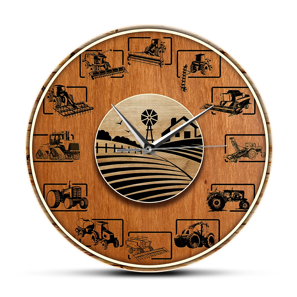 Jahrgang Bauernhof Traktor Holz Textur Acryl Drucken Wanduhr Landwirtschaft Zauberstab Kunst Stille Wanduhr Hängen Uhr Bauernhaus Kunst Dekor