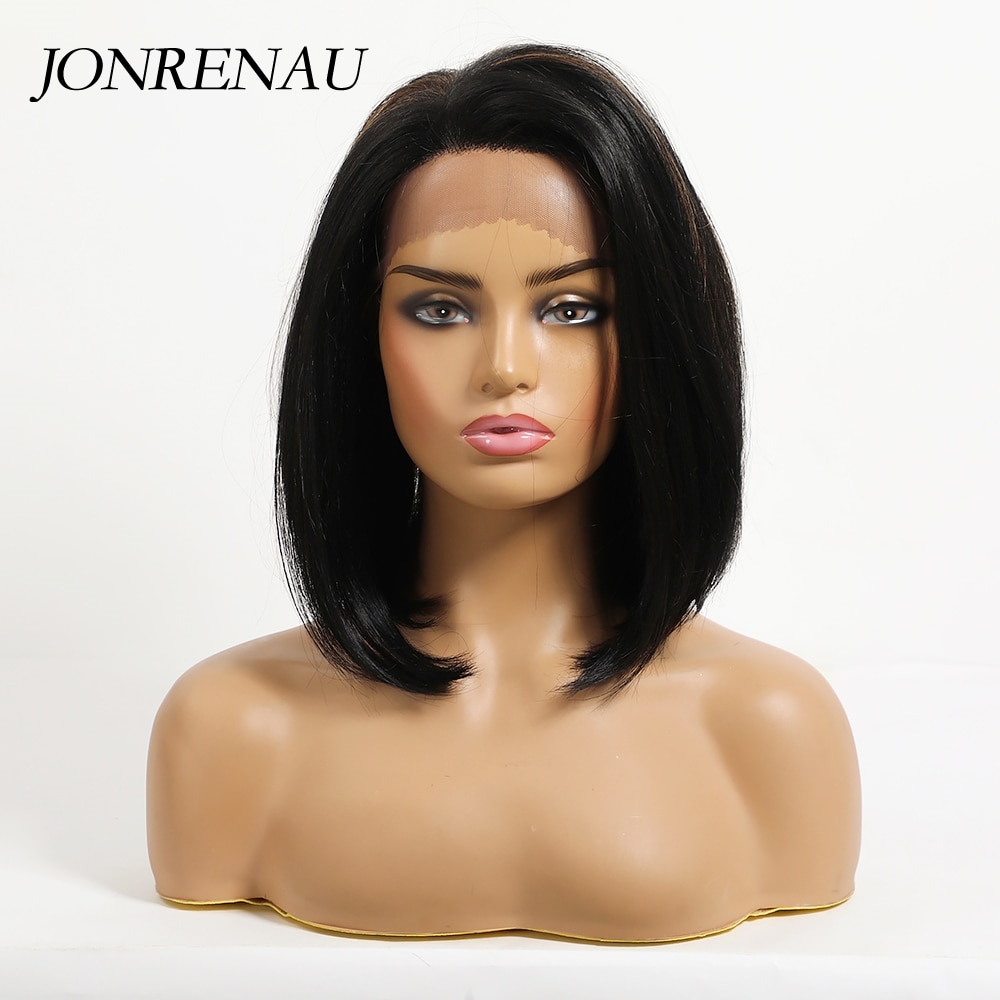 Jonrenau 10 Zoll Kurze Schwarze Farbe Bob Spitze Vorderseite Synthetische Haar Perücken Für Schwarze Frauen Gerade Spitze frontal perücke Natürliche farbe
