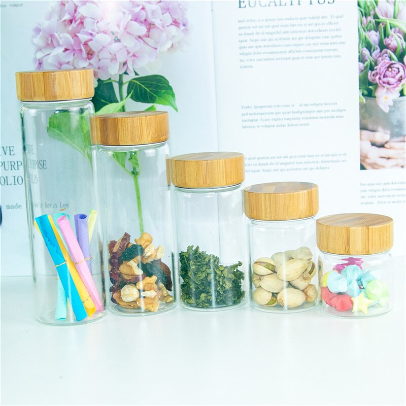 6 einheiten Glas Flasche mit Aluminium Bambus Doppel Kappe 50ml 80ml 100ml 150ml 190ml Glas lagerung Gläser Süßigkeiten Lebensmittel Leck beweis Flaschen