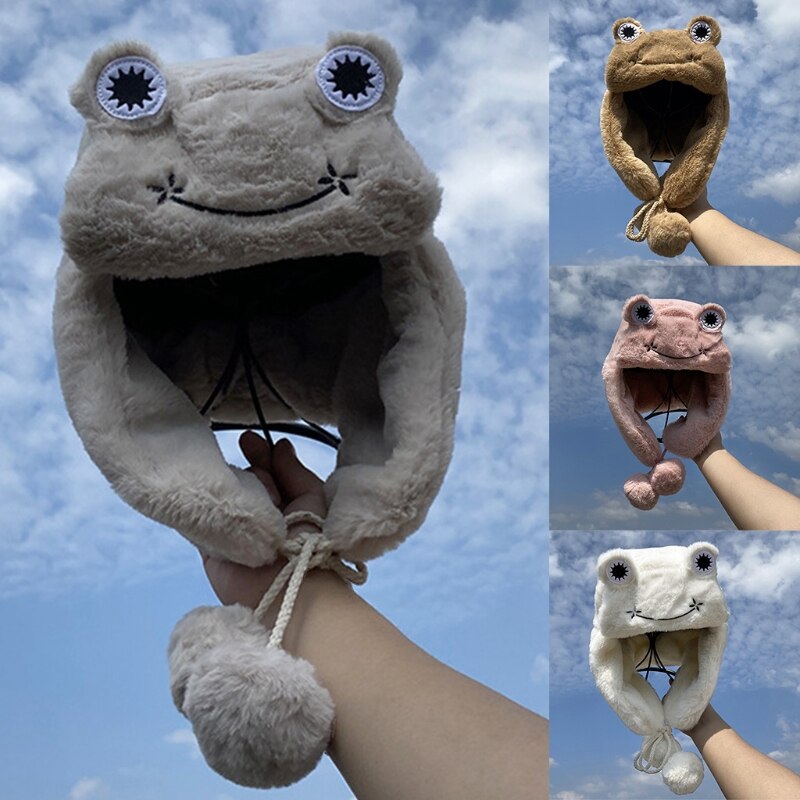 Frauen Winter Nette Frosch Augen verschwommen Plüsch Fallensteller Hütte mit Pompom Kinnriemen Winddicht Thermische Warme Mützen Earflap Kappe
