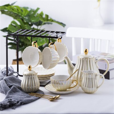 Neue Perle Glasierte Kürbis Gestreiften Kaffee Topf einstellen Tee-einstellen Kaffee Tasse Untertasse Löffel Blume Tee-einstellen Tasse
