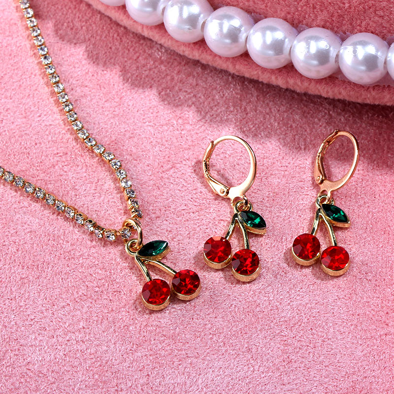 Koreanisch Süße Nette rot Kirsche Schmuck einstellen Für Frauen Bling Kristall Anhänger Halskette und Ohrring setzt Schmuck Party