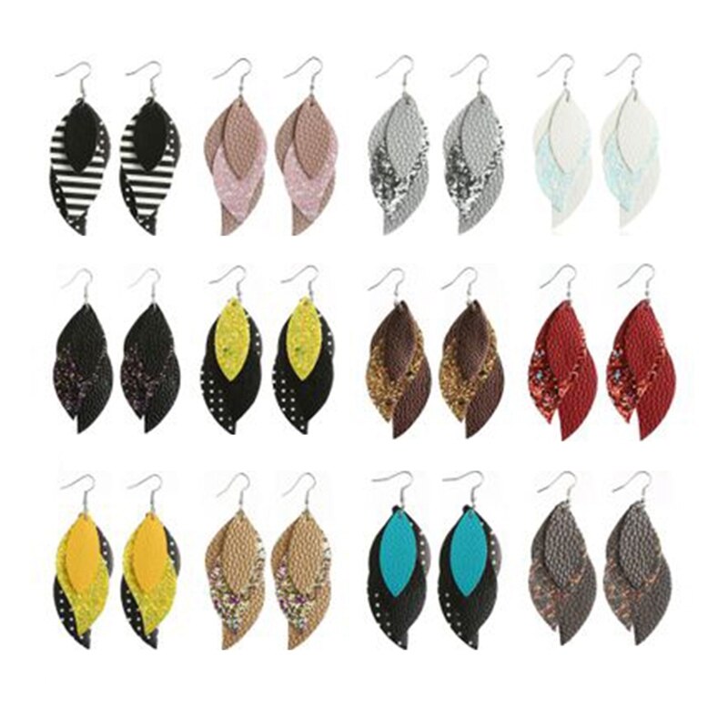 12 Paare von frauen Leder Ohrringe Träne Streifen funkeln Blatt Ohrringe Faux Leder Ohrringe