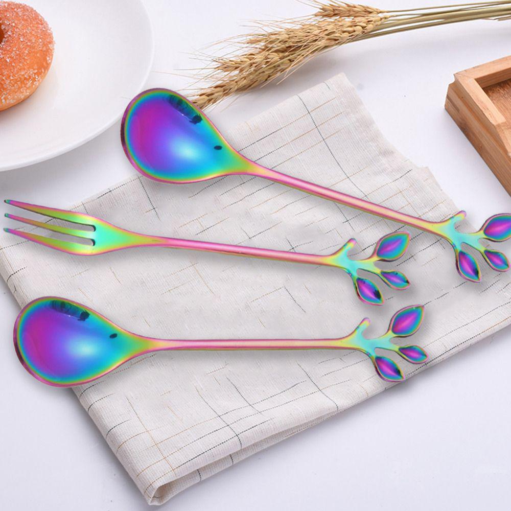 Bunte Edelstahl Geschirr Blatt aufbringen Rühren Kaffee Löffel Obst Gabel Abendessen Messer Gabel Löffel Kreative Kaffee Löffel