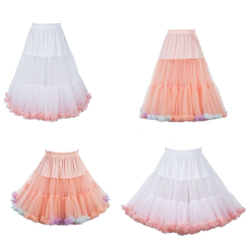 Frauen geschichtet geschwollen Tüll Pettiskirt Regenbogen Kontrast Süssigkeit Farbige Ballettröckchen Felsen Elastische Taille Phantasie Rüschen Petticoat Lolita Cos