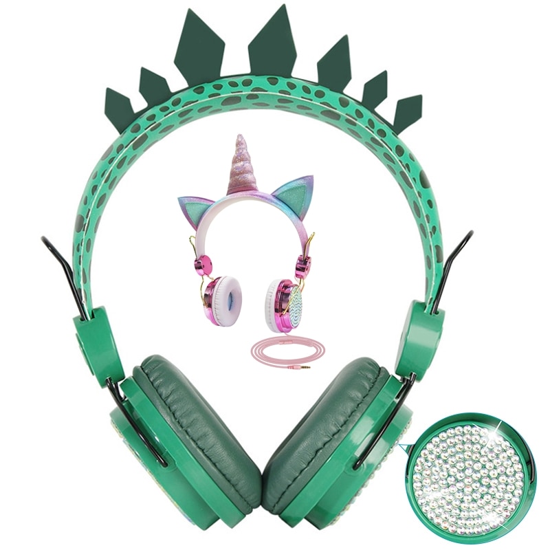 Nette Einhorn oder Dinosaurier Verdrahtete Kopfhörer Für mädchen freundlicher junge Chrismas Bling Diamant Musik Telefon Helme Mit Mikrofon