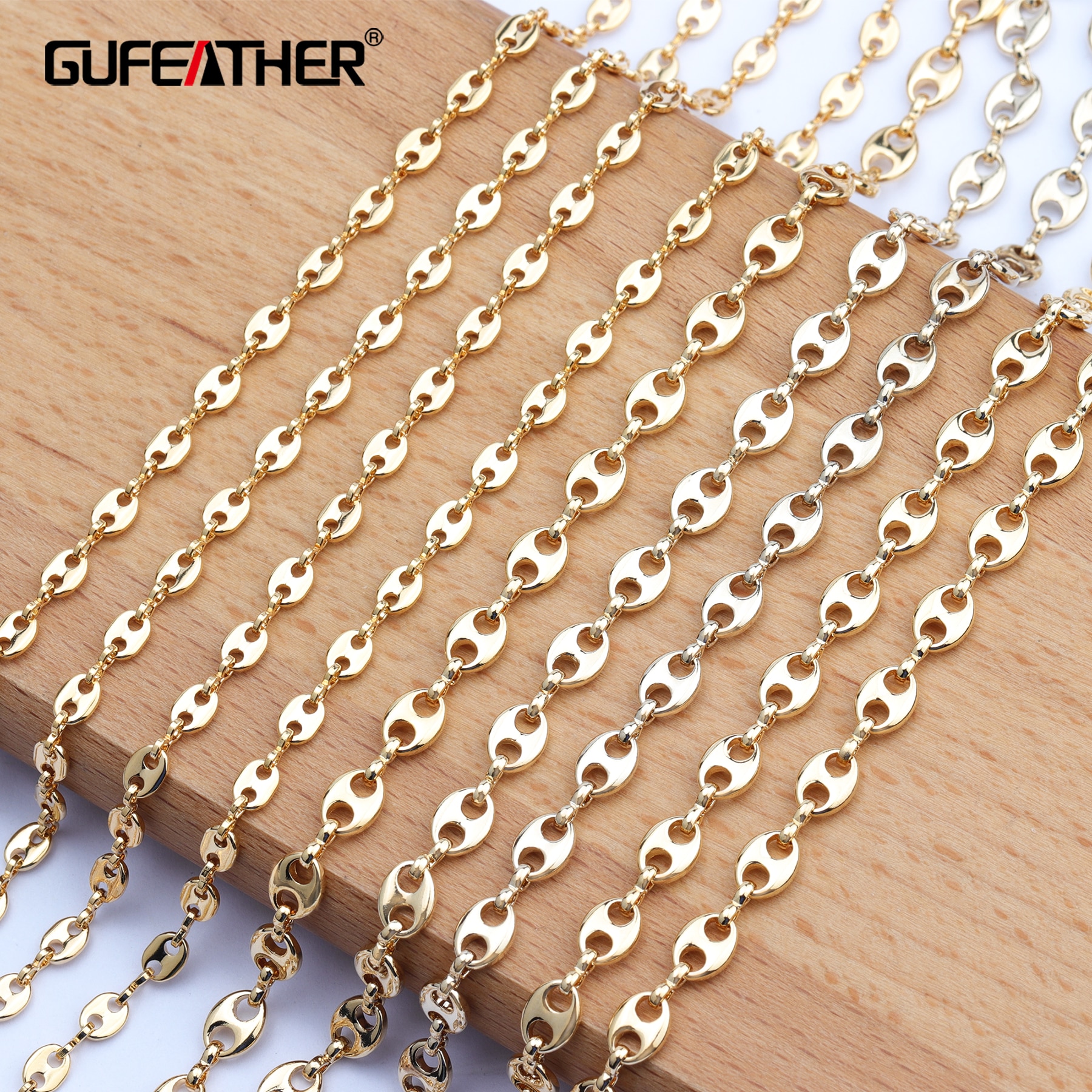 GUFEATHER C72, schmuck zubehör, diy kette, 18k Gold überzogen, 0,3 mikrometer, kupfer metall, schmuck machen, diy kette halskette, 1 mt/los
