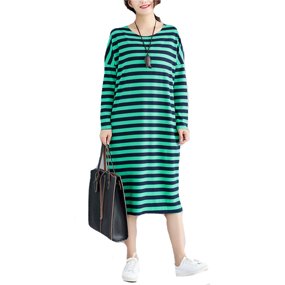 Frühling Herbst Übergröße Vestidos Neue Frauen Langen Ärmeln Gestrickt Streifen verlieren zur Seite fahren Kleider Damen Übergroßen Vestidos