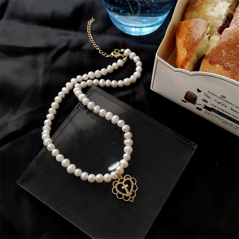 Harajuku Hohl Herz Kreuz Anhänger Perle Halskette für Frauen Mädchen retro Perle Kette Halsband Halskette Schmuck