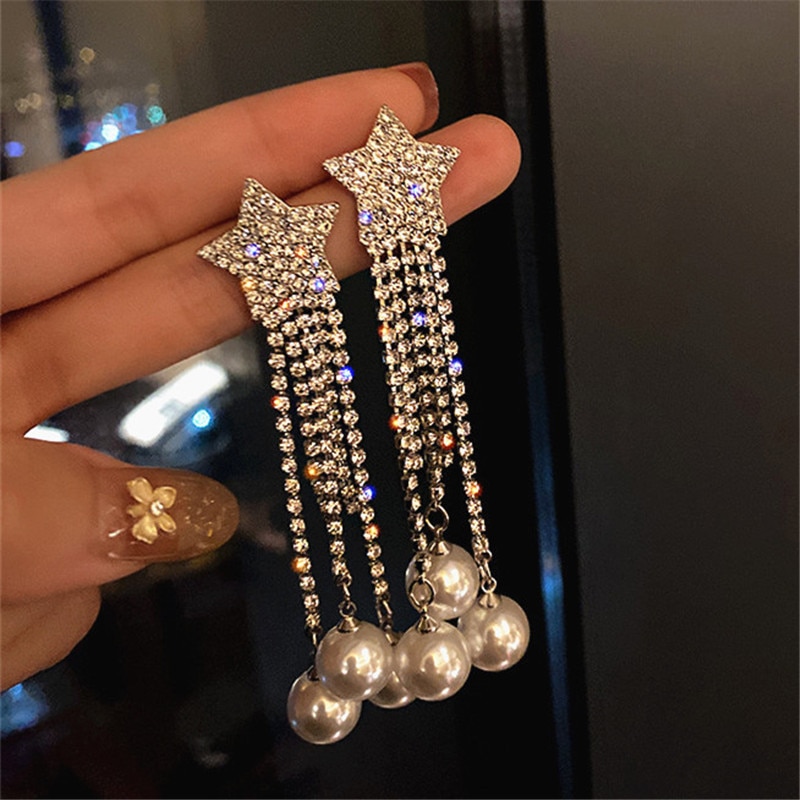 FYUAN Pentagramm Kristall Tropfen Ohrringe für Frauen Schmuckstück Lange Quaste Perle Strass Baumeln Ohrringe ErkläSprosse Schmuck