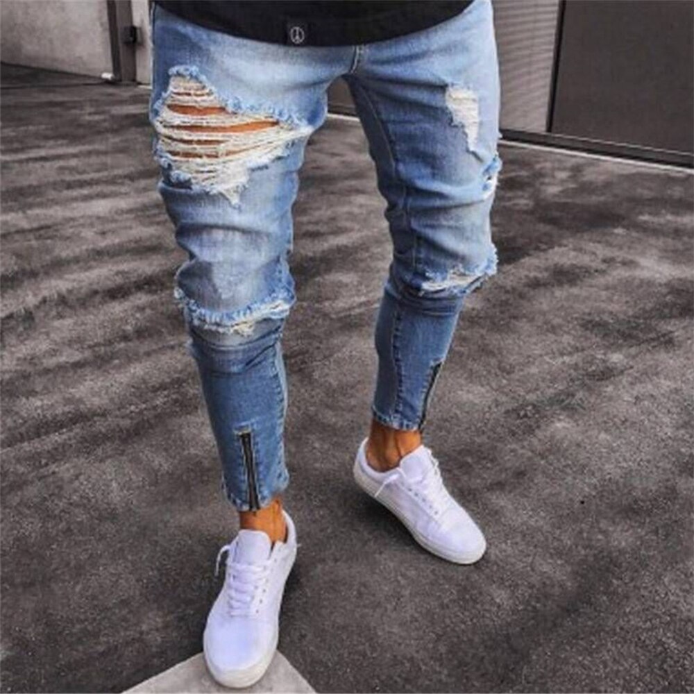 Männer Denim hosen gerissen See dünne Jeans männer Hüfte hüpfen Dünne bleistift Jeans Für Männer strecken elastische knöchel Reißverschluss Jeans männer