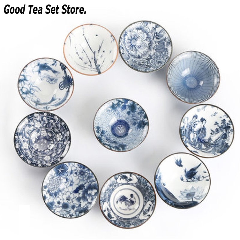 10 stücke Blau und Weiß Porzellan Tee Tasse retro Keramik Teetasse Kleine Kegel Teetasse Tee-einstellen Tee Schüssel Puer Grün Tee Zubehör Teaset