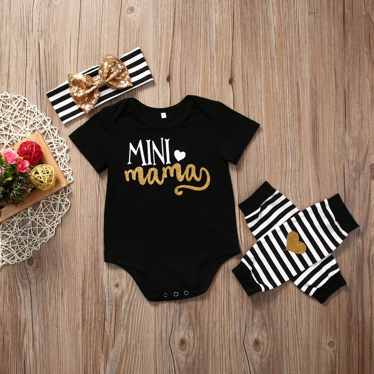 Neugeborenen Mini Mutter knapp Karosserie Kleidung einstellen Baby Mädchen Bodysuit + Streifen Bein Wärmer + Stirnband Outfits Kleidung
