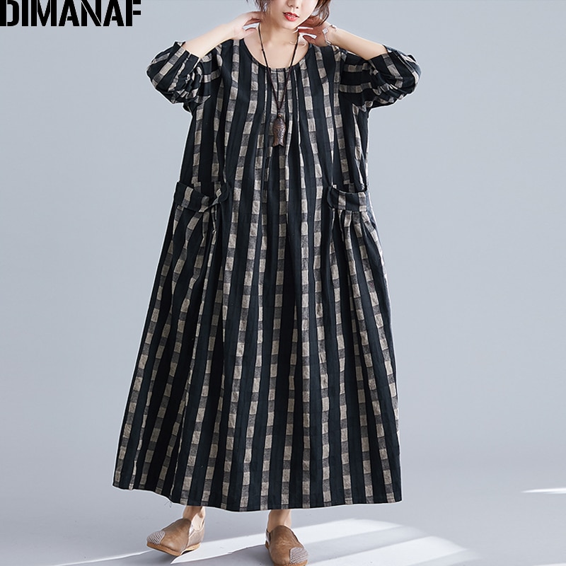 DIMANAF Plus Größe Frauen Kleid Winter Jahrgang Elegante Dame Vestidos Drucken Plaid Langarm Weibliche Kleidung verlieren Lange Kleid