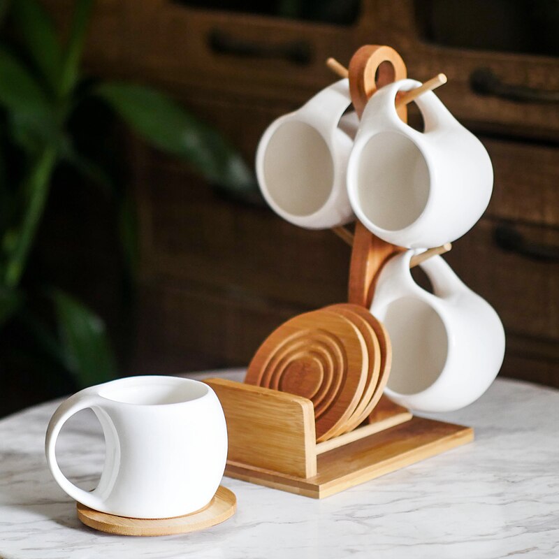 Einfache keramik kaffee tasse einstellen vier-stück Teegeschirr setzt kreative wasser tasse haushalt bambus holz Regal WF1019