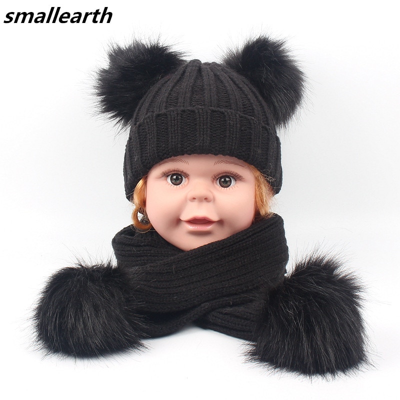 freundlicher Schal und Hütte setzt Winter Jungen Mädchen Doppel Faux ist hingefallen Pompon Kappe Schal einstellen Baby freundlicher Warme Gestrickte Mützen Hütte Lange Schal