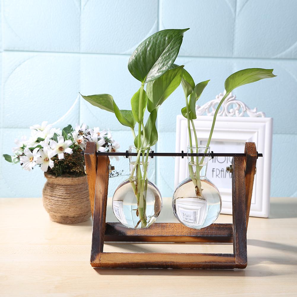 Glas und Holz Pflanzer Vase Terrarium Tabelle Schreibtisch Hydrokultur Pflanze Bonsai Blumentopf Hängen Töpfe mit Holz Tablett Heimat Dekor