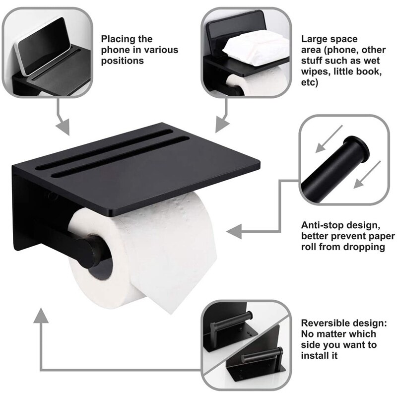 Wc Papier Halfter mit Regal-Schwarz Anti-Rost Aluminium Gewebe Rollen Halfter mit praktisch Regal für Moderne Badezimmer