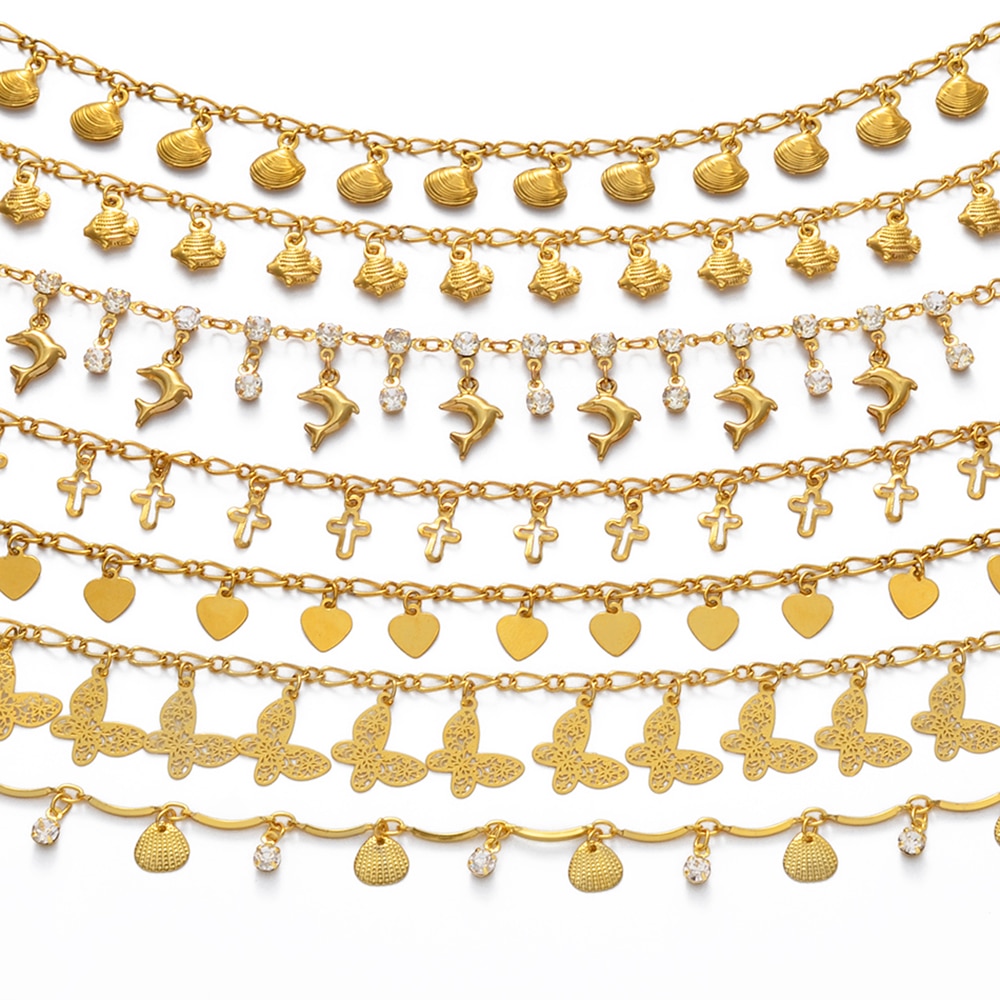 Anniyo Charme Fußkettchen von Schmetterling Delphin Stein Hülse Quer Herz fisch Fuß Kette Gold Farbe Schmuck Hochzeit Fußkettchen #122616