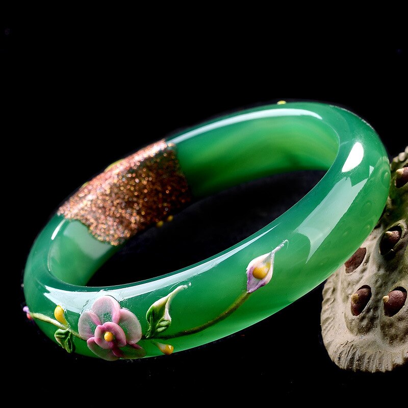Natürliche GrüNe Armbänder Farbige Zeichnung Pfau und Blume Armbänder Armreifen Für Frauen Jade Schmuck