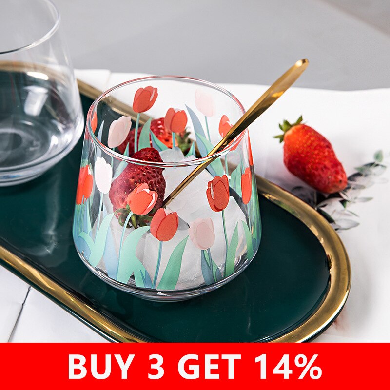 390ML Japan und Südkorea eins Hand bemalt Tulpe Blume Glas Tasse Haushalt Wärme-beständig Trinken Tasse große Bauch Mousse Tasse