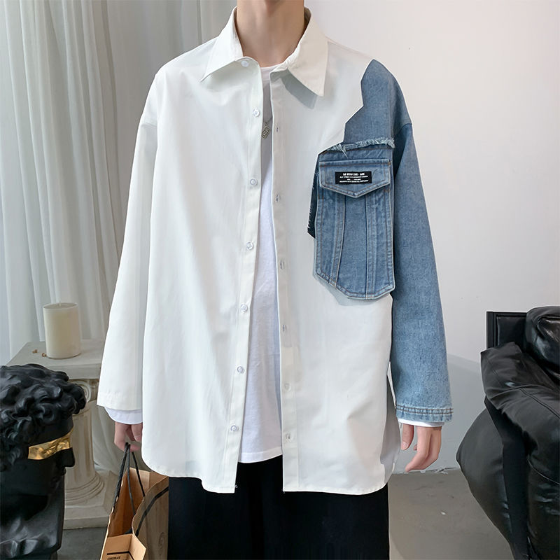 männer der Neuen Denim NäHenne Langarm hawaiisch Shirt Camisa Masculina Streetwear Kleidung Hemden Große Größe M-5XL