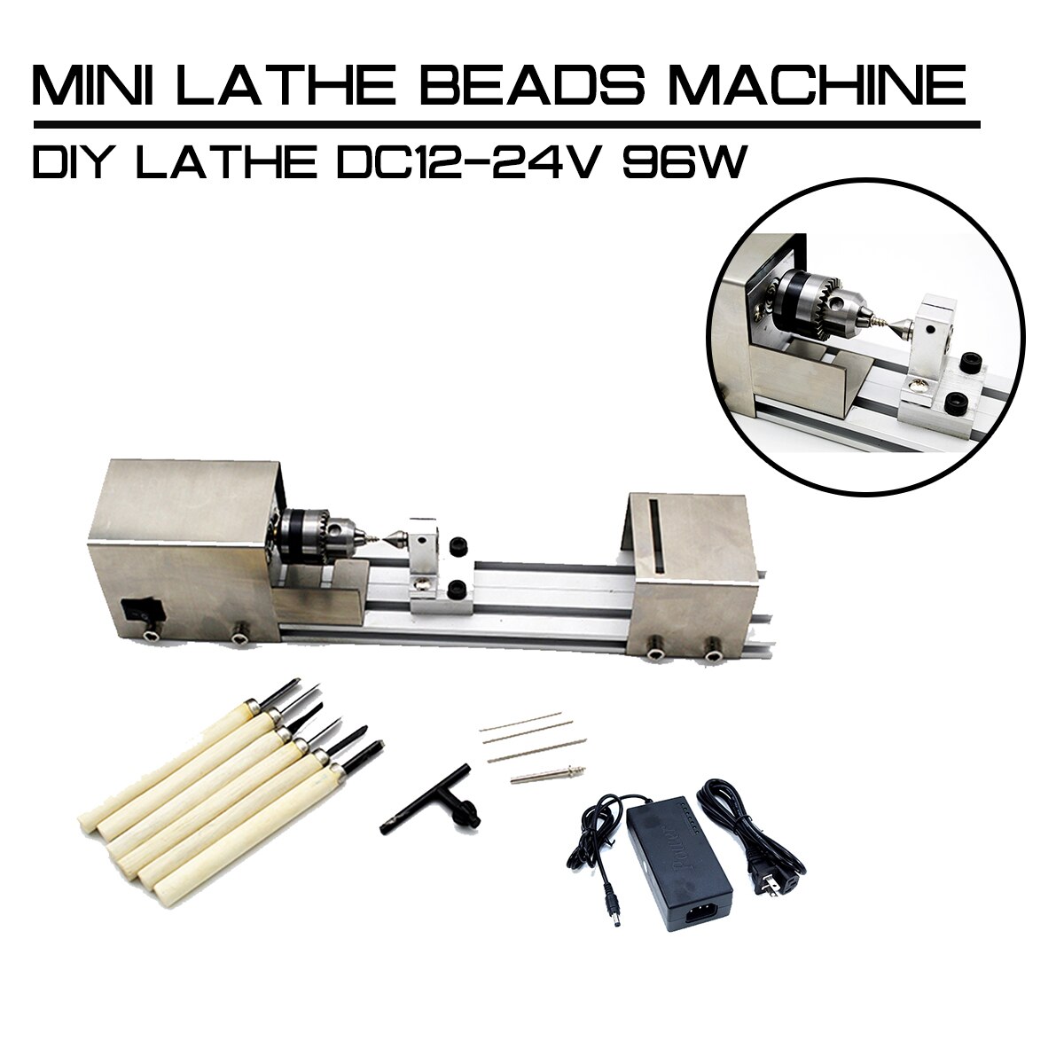 DC12-24V 96W Mini Drehbank Perlen Maschine Holzarbeiten DIY Drehbank Standard einstellen mit Energie Carving Cutter Holz Drehbank rostfrei Stahl Fall
