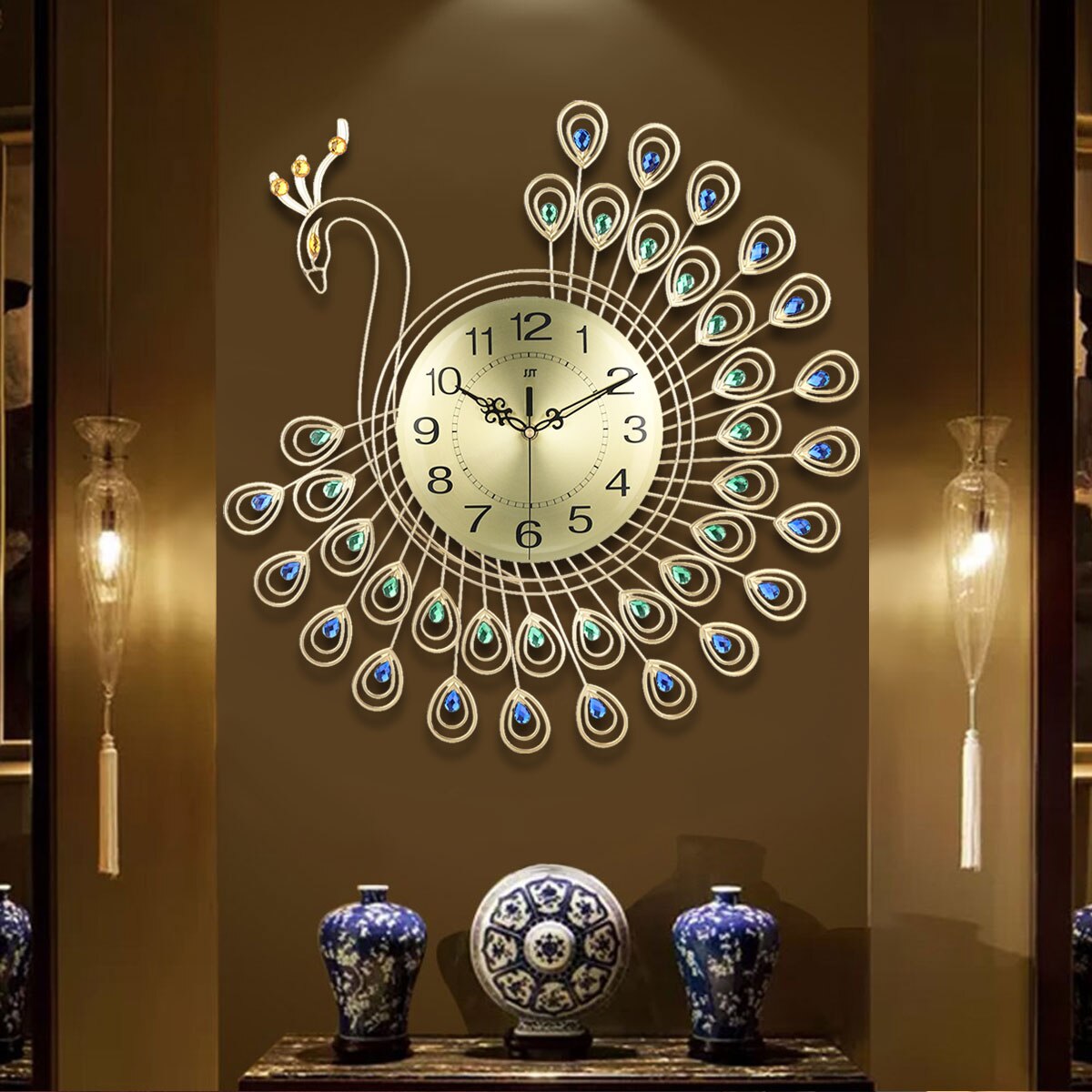 groß 3D Gold Diamant Pfau Mauer Uhr Metall Uhr Pro Heimat Leben Zimmer Dekoration Mauer Uhr DIY Uhren Ornamente 53x53cm