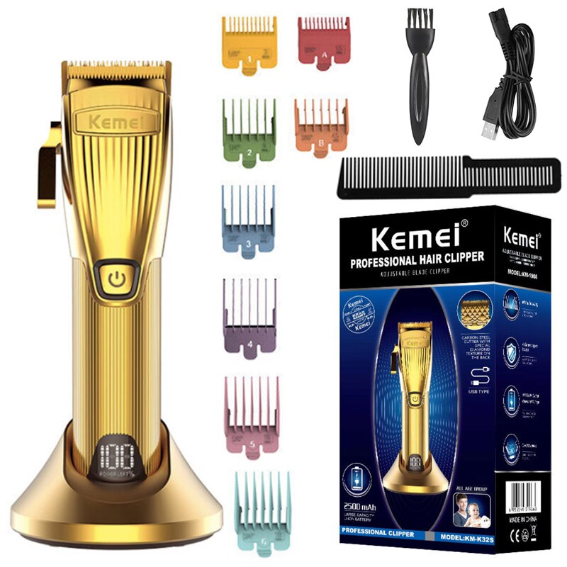 Professionelle hohe geschwindigkeit leistungsstarke haar Haarschneidemaschine wiederaufladbare haar timmer haar schneiden maschine LCD Anzeige Lithium-batterie Gold