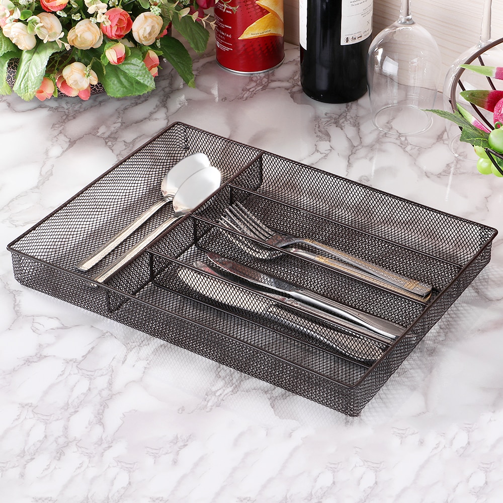 Lagerung korb 5-Fächer Gittergewebe Metall Gabeln Löffel Messer Utensil Lagerung Korb Besteck Besteck Schreibtisch & Fach Organizer