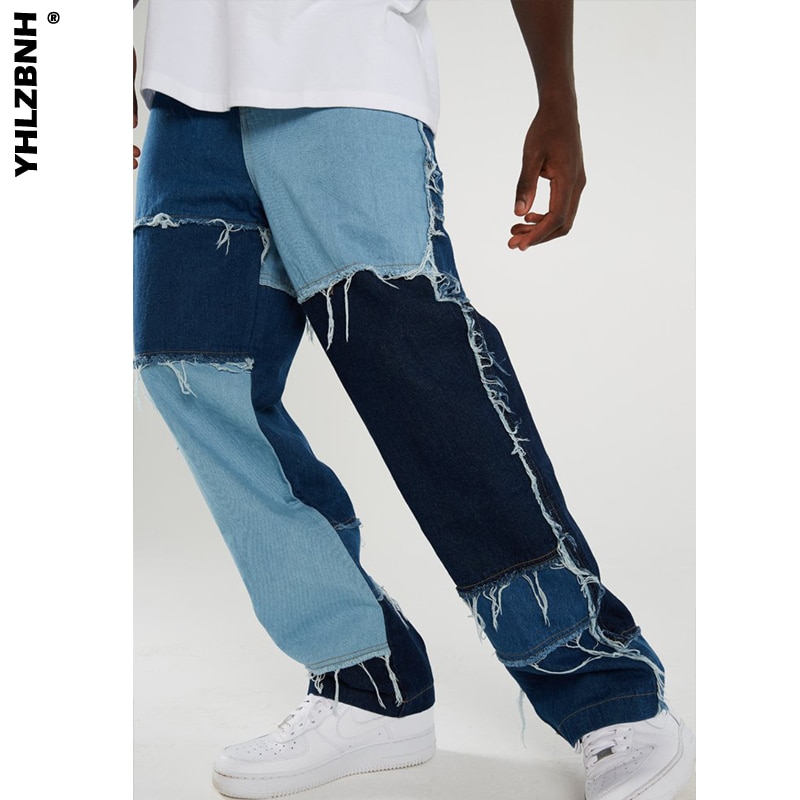 YHLZBNH Männer Gerade Jeans Hosen Jahrgang Ausgefranste Patchwork Farbe Block Denim Hosen Männer lässig Hosen Zerrissene BöHöhle
