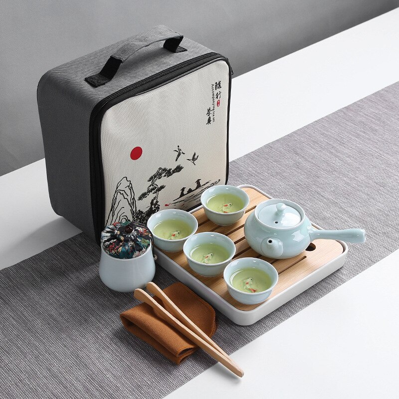 Chinesische Reise Kung Fu Tee-setzt Keramik Tragbare Porzellan Service Celadon Karpfen Tee Tassen Tee Zeremonie Teekanne Kasten